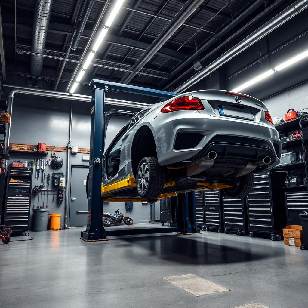 Interior of the Eastern Beach Motors mechanical workshop with a car on the hoist